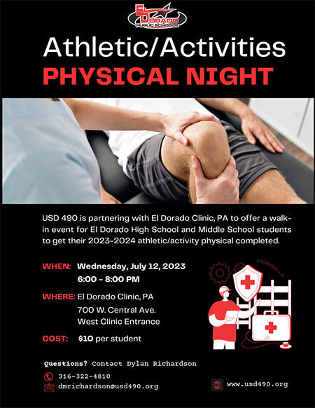 Athletic Activities Physical Night Wednesday, July 12, 2023 At El Dorado Clinic from 6:00 - 8:00 PM