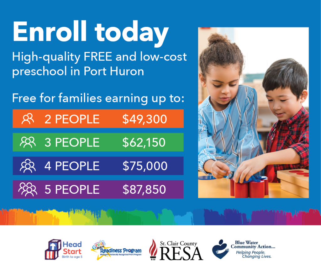 Income information and an image of children playing with blocks