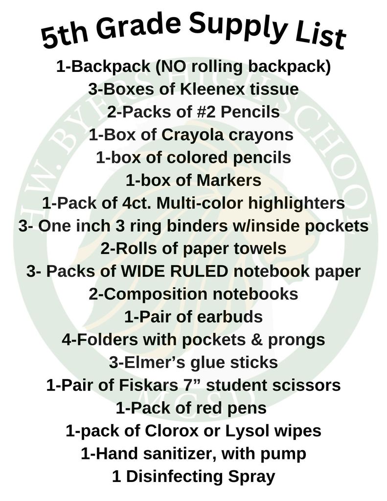 5th grade supply list