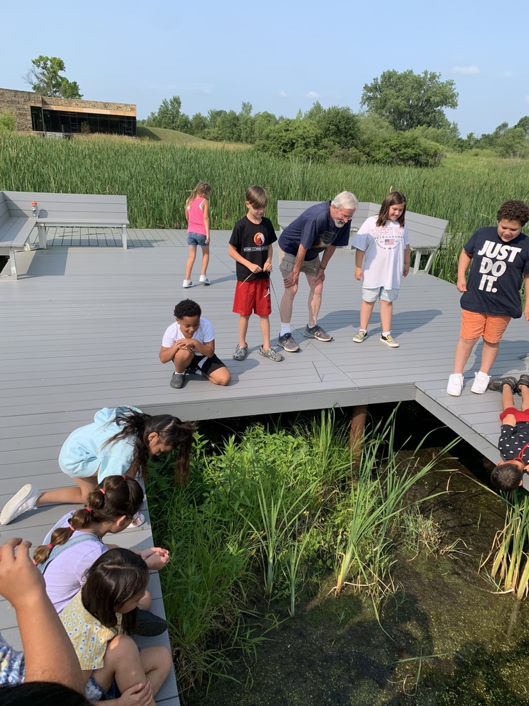 Students and chaperone outside on the deck looking at fish and turtles.