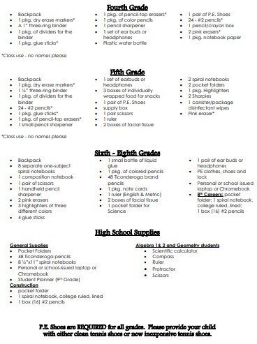 Supply list, page 2