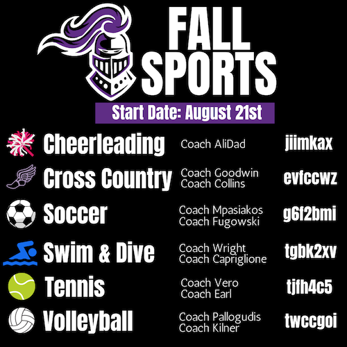fall sports listing of coaches and Google Classrooms