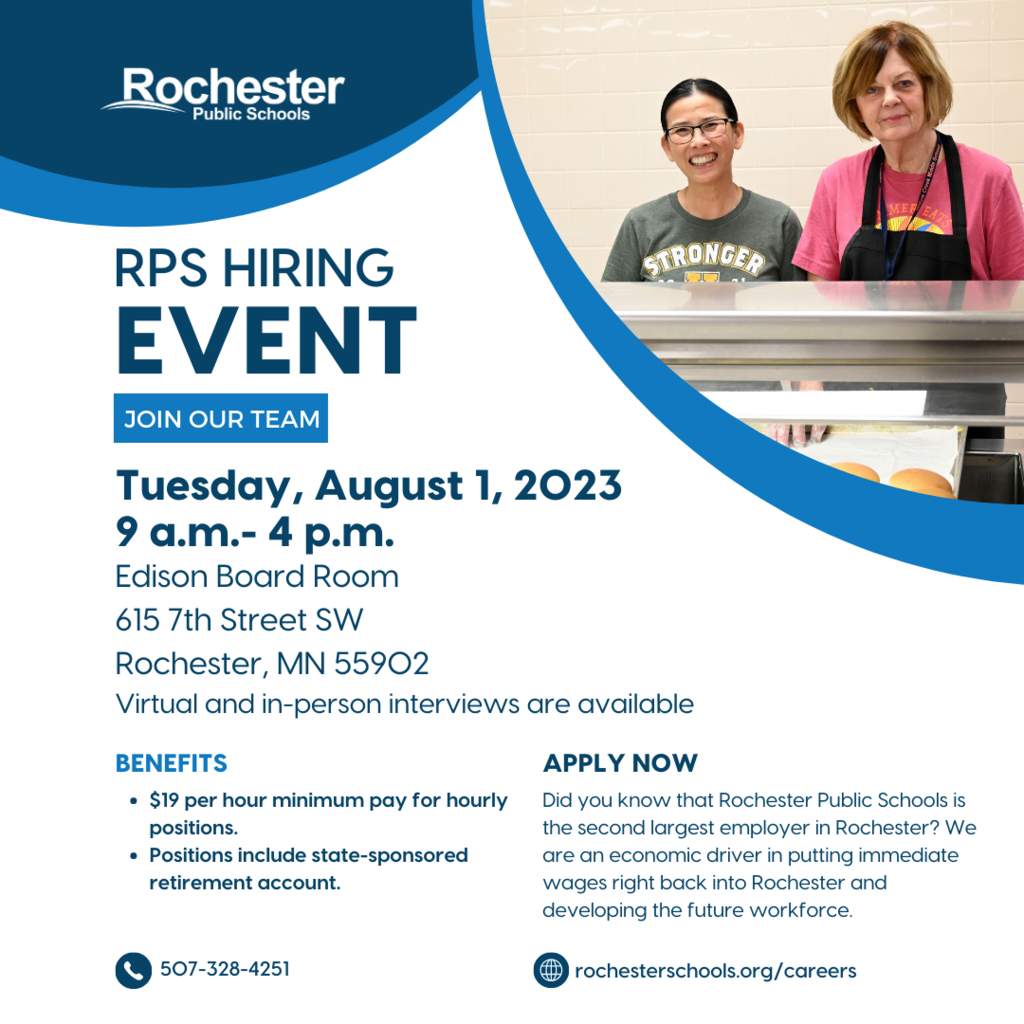 Poster for the August 1 hiring event from 9 a.m. to 4 p.m. at the Edison Board Room, 615 7th St SW
