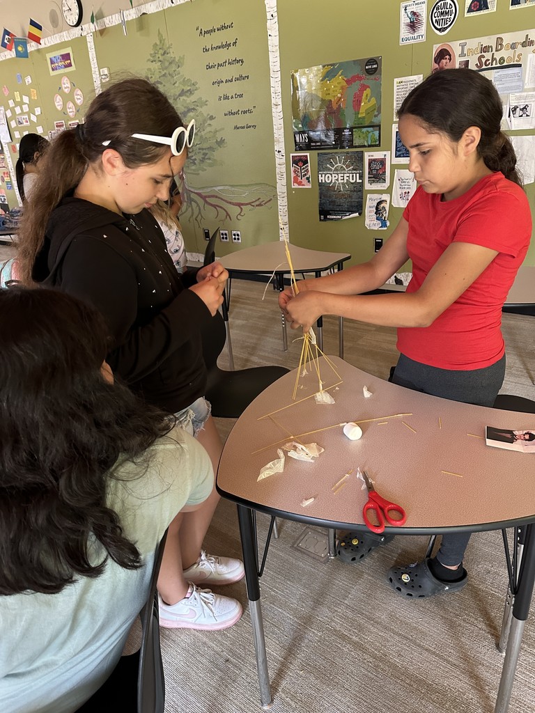 Two students working with spaghetti noodles, tape and a marshmallow.