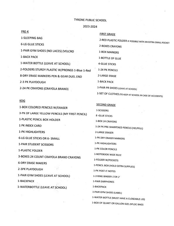 Prek - 2 Supply List