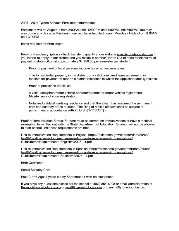 Enrollment Information for the 2023 2024 school year