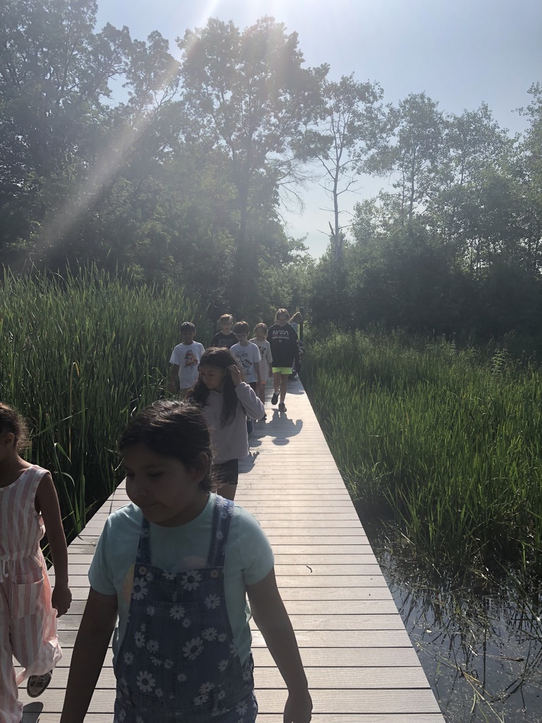 Students walking on the boardwalk.