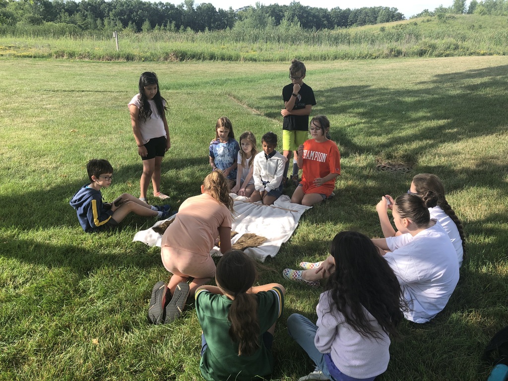 Group of students sitting on the grass looking at blanket and furry squares.