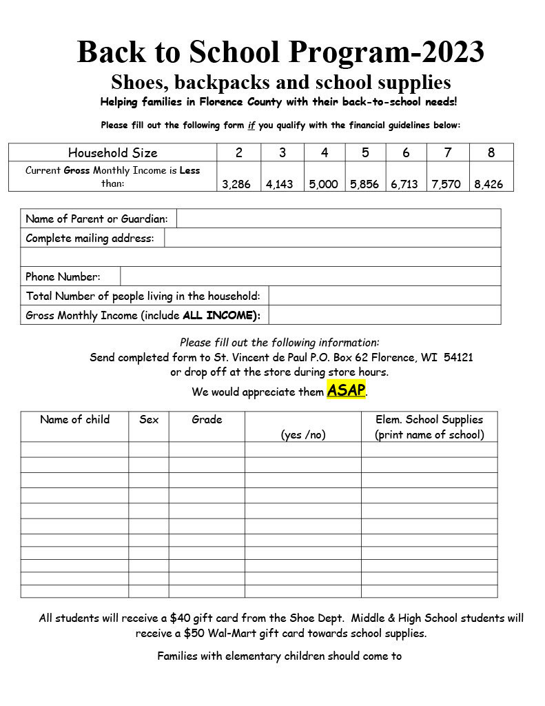 All students will receive a $40 gift card from the Shoe Dept. Middle & High School students will receive a $50 Wal-Mart gift card towards school supplies. Families with elementary children should come to St. Mary Catholic Church Parish Hall to pick up their backpack and school supplies on Monday, August 21st anytime between 4:30 – 5:30 p