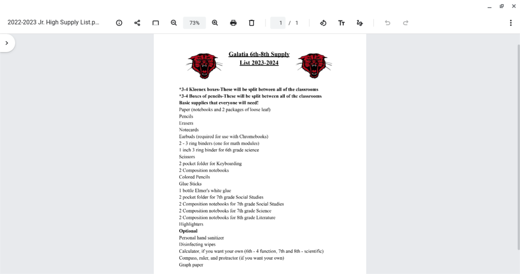 Jr High Supply List