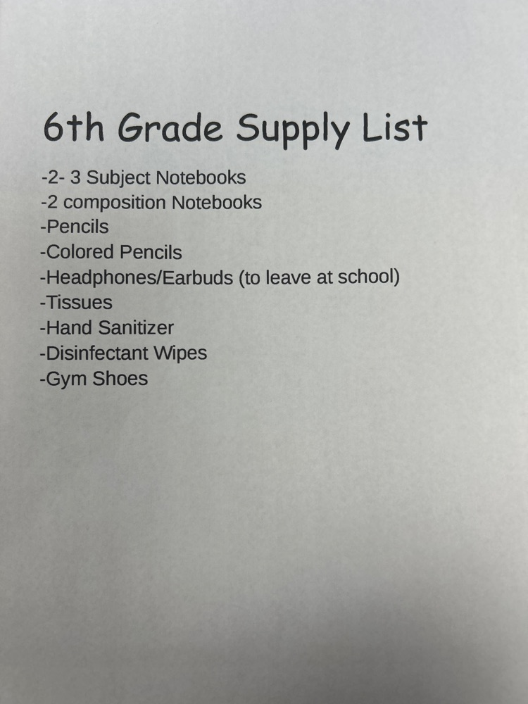 6th Grade Supply List 