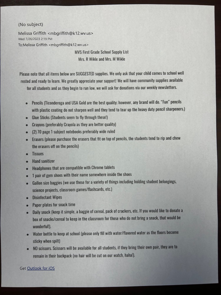 1st Grade Supply List