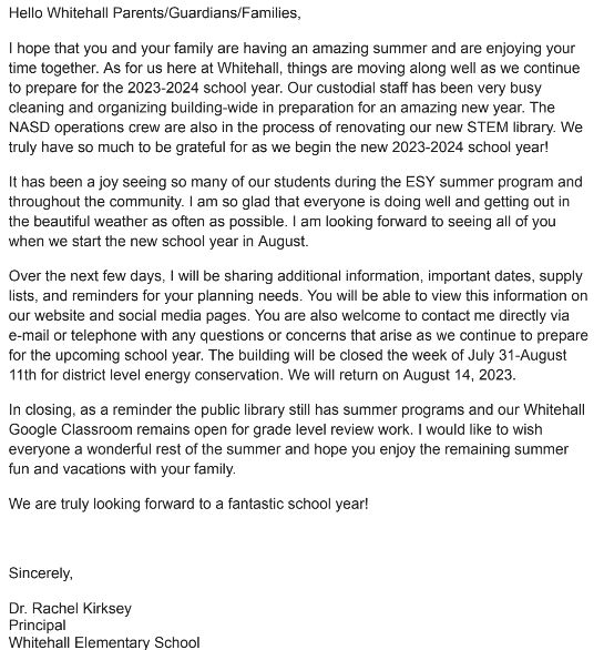 Introduction to upcoming school year.