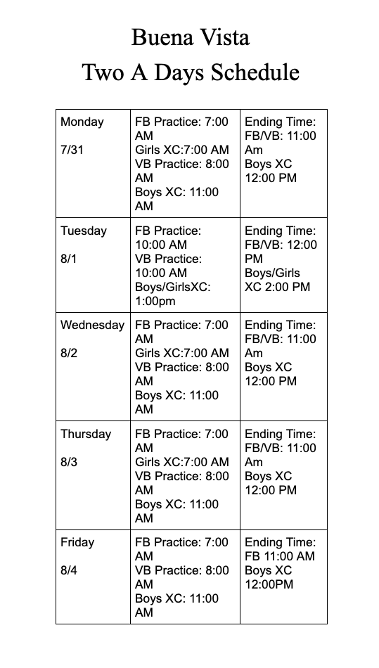 Football 2 a days schedule 
