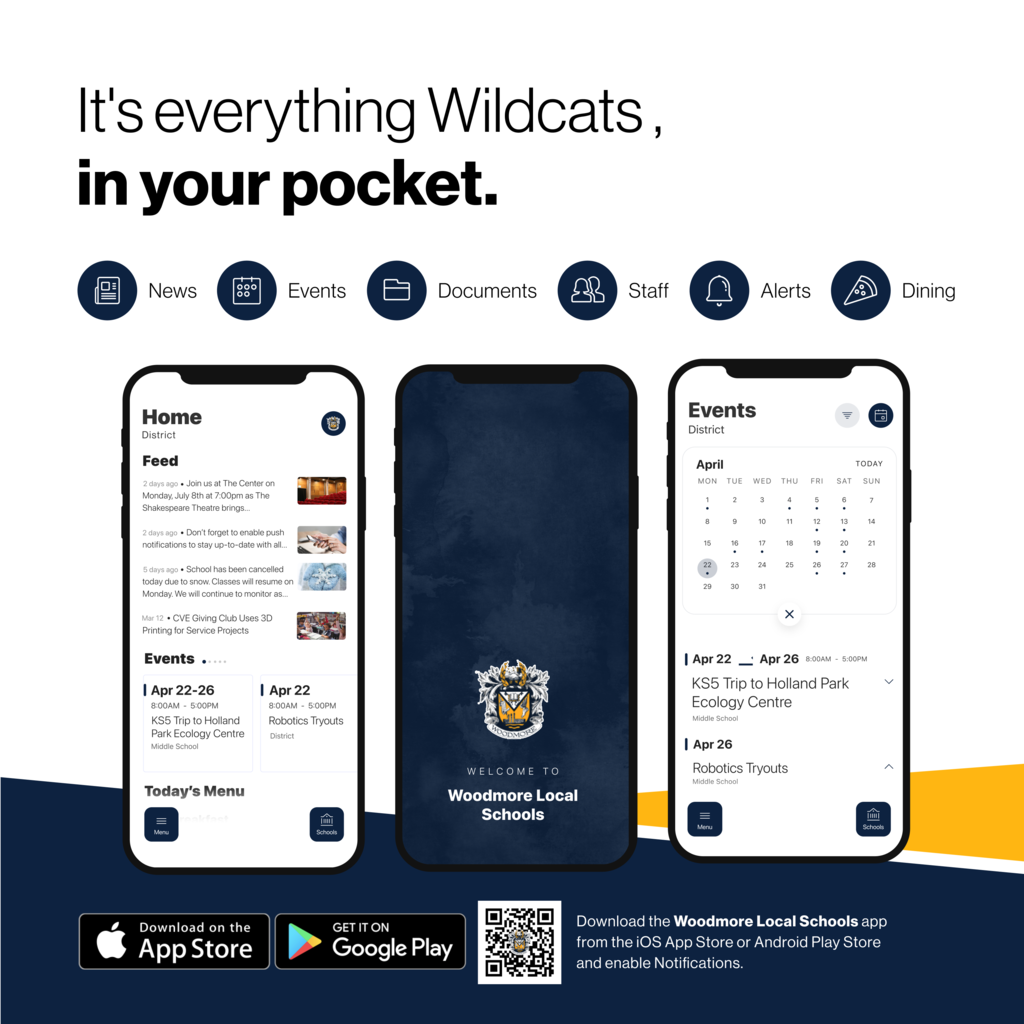 Woodmore mobile app flyer reading "It's everything Wildcats, in your pocket."
