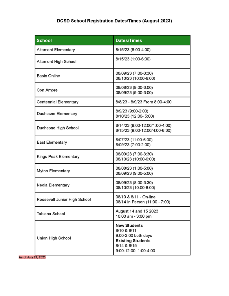 DCSD School Registration Dates and Times.