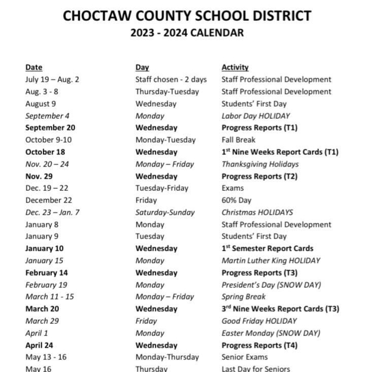 Choctaw County School District 2023-24 Calendar