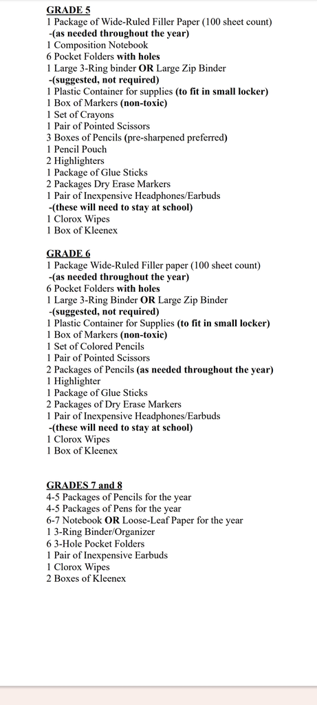 supply list