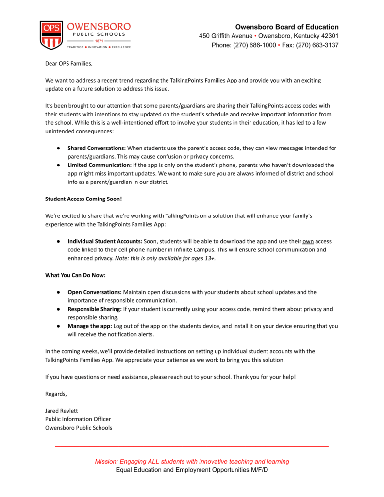 Talking Points Letter