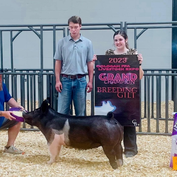 student posing with pig and awards 