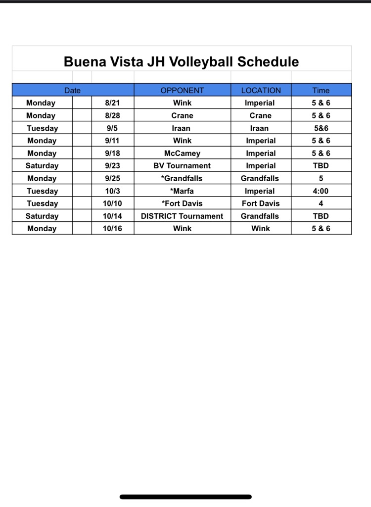 JH Volleyball Schedule