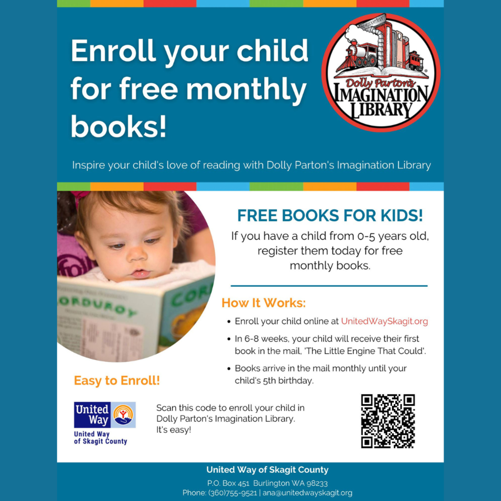 📚👶🏽📬 Enroll your child for FREE monthly books with Dolly Parton's Imagination Library! 🎉 Visit United Way of Skagit County's website at https://unitedwayskagit.org/dolly-parton-imagination-library/ to sign up any child under the age of 5. In just 6-8 weeks, they will receive their first book in the mail, "The Little Engine that Could" 🚂. Your child will receive a new book every month until they turn 5 years old 🎁. Give your child the gift of reading and imagination with Dolly Parton's Imagination Library! 🌟