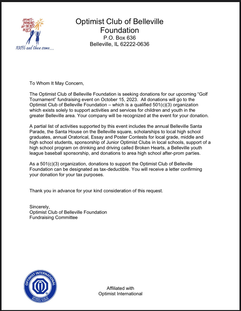 Belleville Optimist Club Foundation Golf Tournament Donation Letter