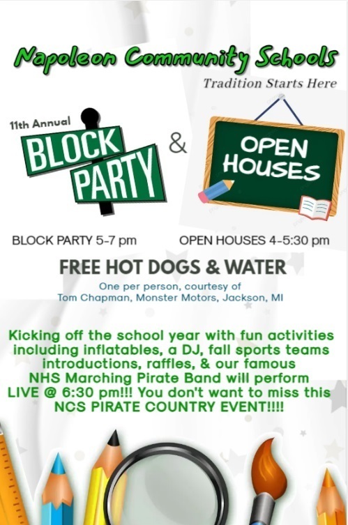 Block party and open house information flyer August 21st 2023