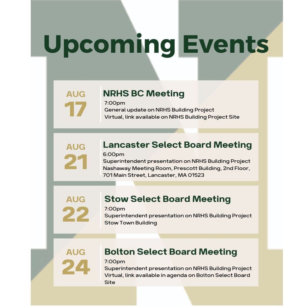 upcoming events for the nrhs building project - month of august