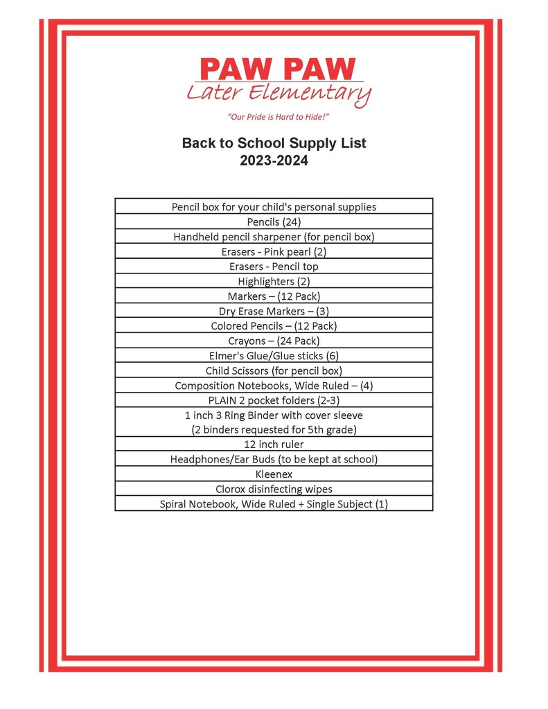 Later Elementary Supply list