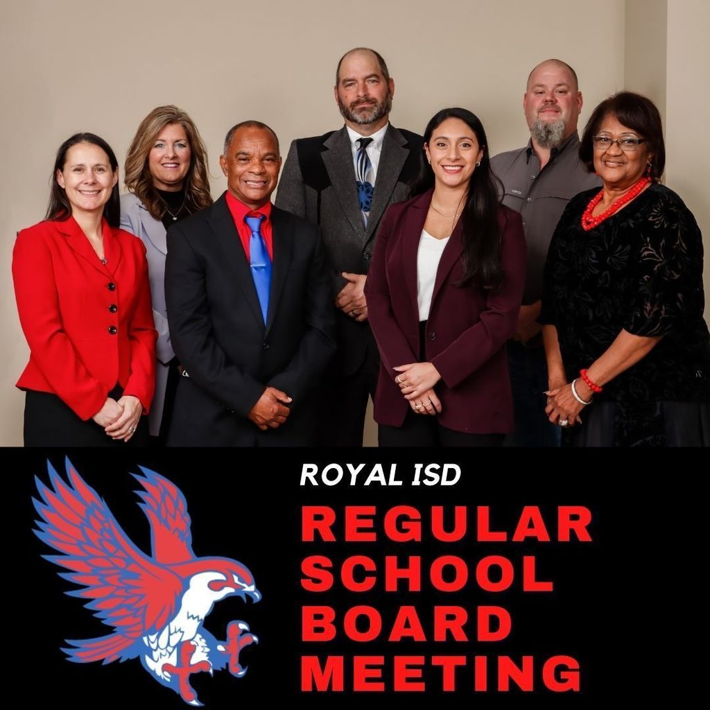 Reminder! Join us on Monday, August 14 at 6:30 for a Regular School Board Meeting (Royal Administration Building, 3714 FM 359, Pattison TX 77423). Agenda: https://5il.co/21udi / Public Comments Sign-Up: bit.ly/3urHgP6 for details. Get involved, make a difference! #WeAreRoyal