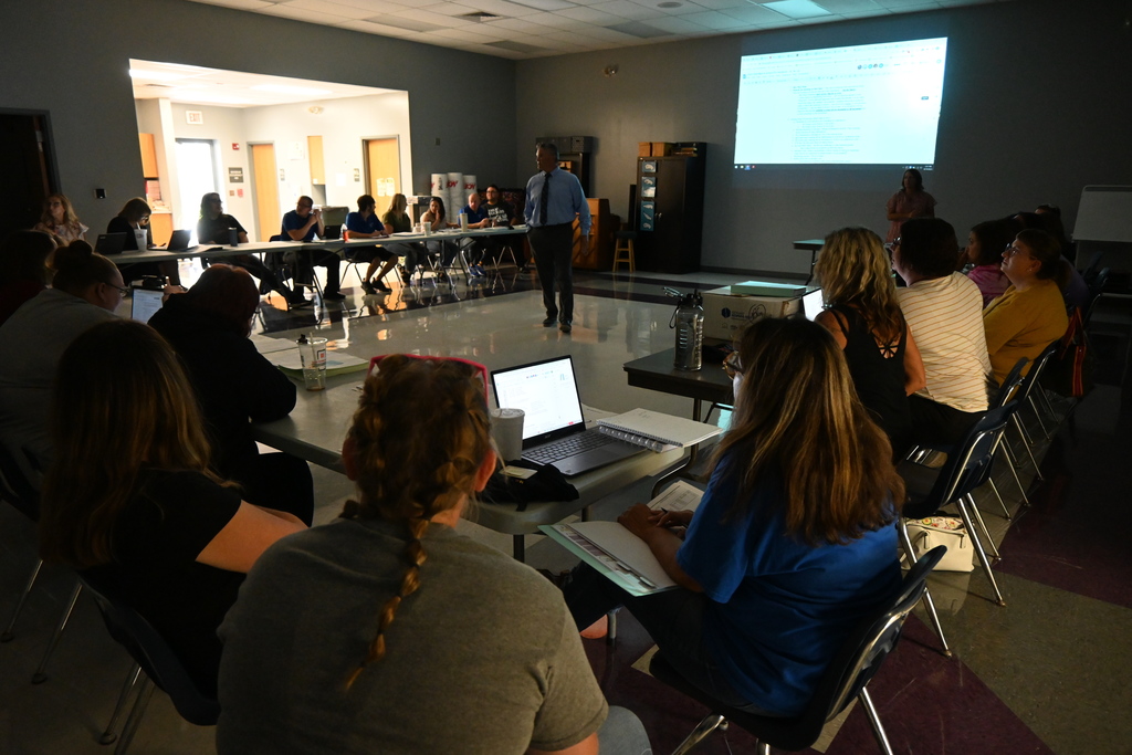 Guthridge principal Kurt Friess speaks to staff during in-service Monday.