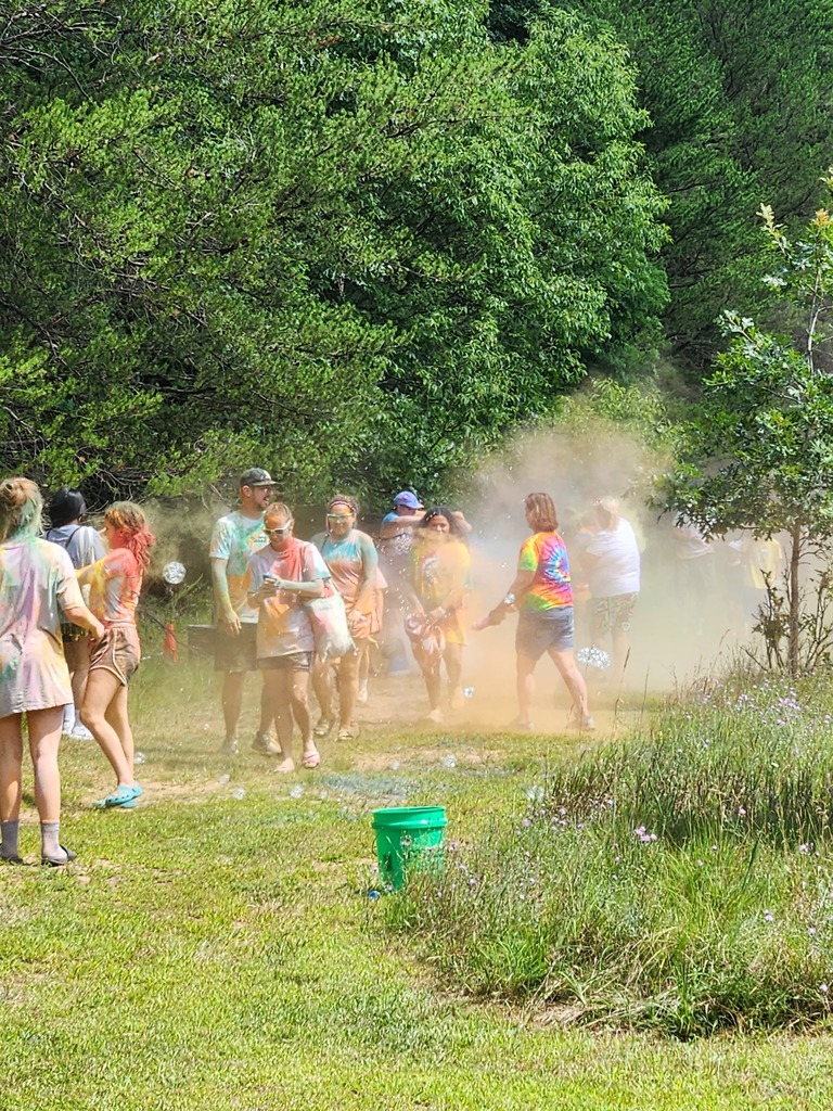 Families running on a Color Run and getting powdered with colors.