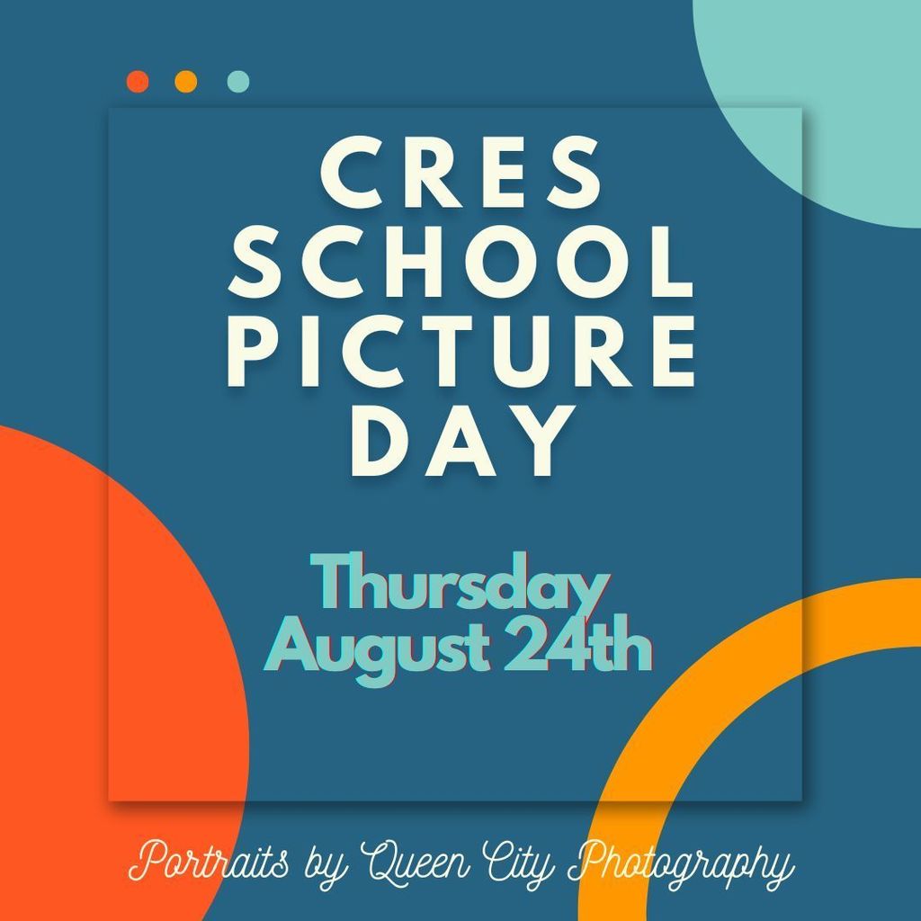 A decorative square announcing school picture day on Thursday, August 24th, 2023. Portraits by Queen City Photography.