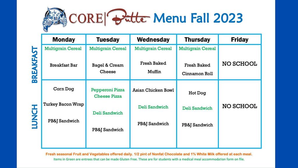 CORE Butte Nutrition Services Menu