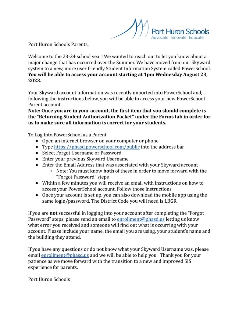 Power School announcement for parents