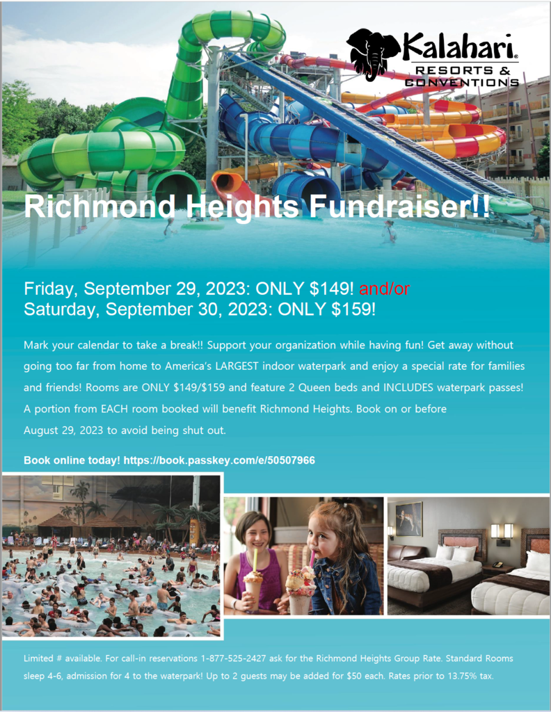 Fund Raiser Flyer fot Kalahari Resort includes water slides on a slue sky background