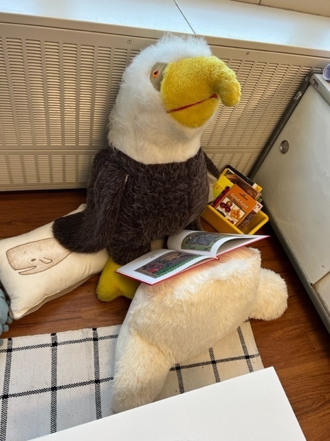 Stuffed Eagle sitting with pillows and books.