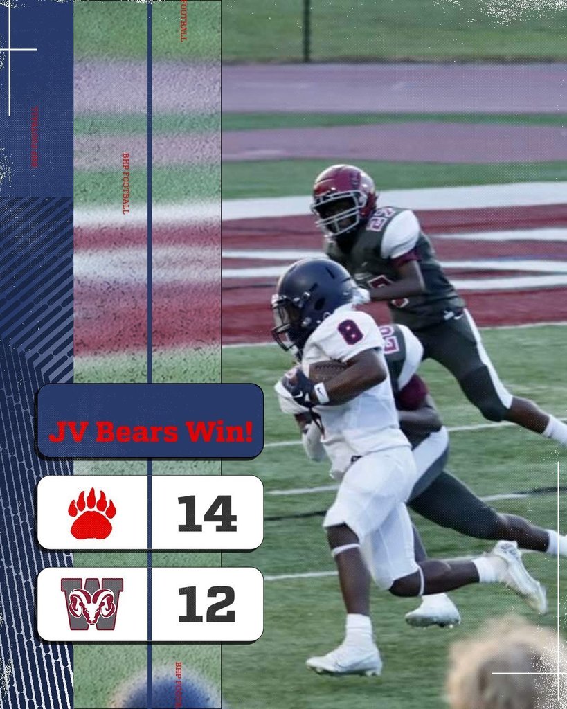 Congratulations to the JV Bears last night on a great win against Westside. Scoring for the Bears were: Tizere Ware - 2 touchdowns Benji Ward - 2 Extra Points JV will play at home on August 31st against Laurens. Come out to support the Bears!