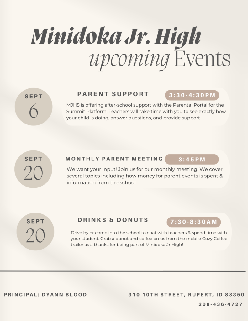 Parent Summit support September 6 3:30-4:30, Monthly parent support September 20: 3:45-4:45, Drinks and Donuts: Spetember 20 7:30-8:30 am