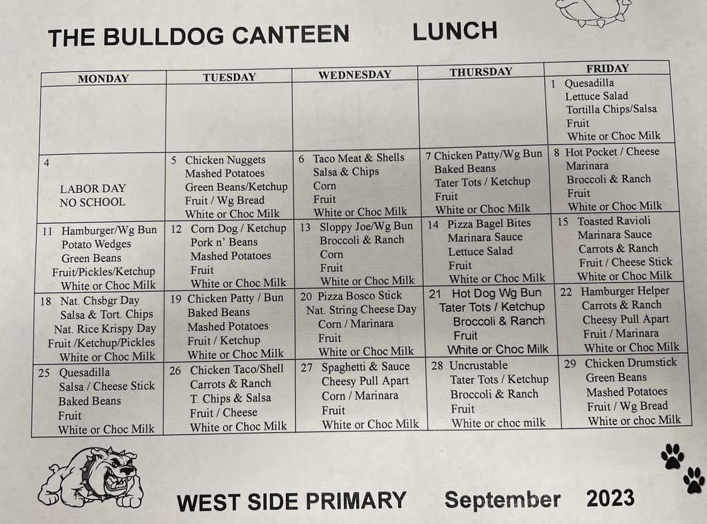 Sept. lunch menu