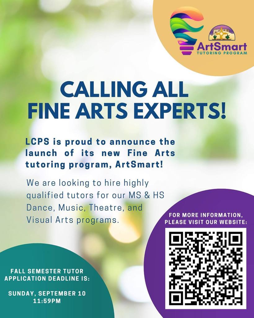 Las Cruces Public Schools is proud to announce the launch of a middle and high school Fine Arts tutoring program titled, “ArtSmart.” The program will bring Fine Arts experts into the classroom to teach individual, small group, and large group lessons. ArtSmart has been developed to help our secondary level students recover from learning loss that resulted from the COVID-19 pandemic. Apply today to be a Las Cruces Public Schools ArtSmart tutor! For more information, please visit our website:
