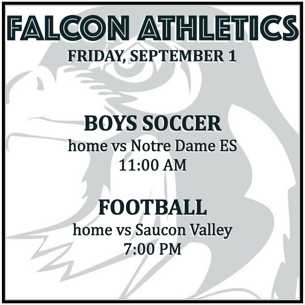 BOYS SOCCER home vs Notre Dame ES: 11:00 AM. FOOTBALL home vs Saucon Valley: 7:00 PM.