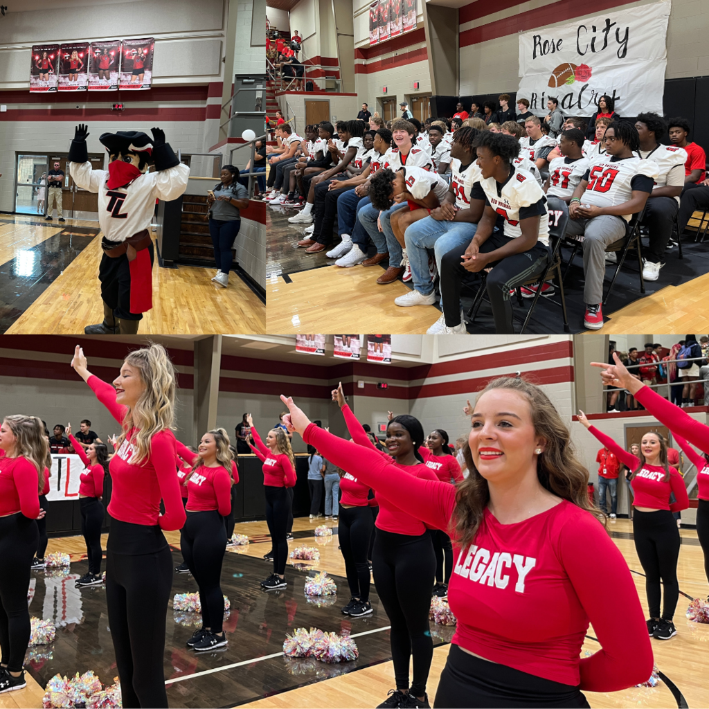 Rowdy the Red Raider mascot, football players, and Southern Belle Drill Team at a pep rally