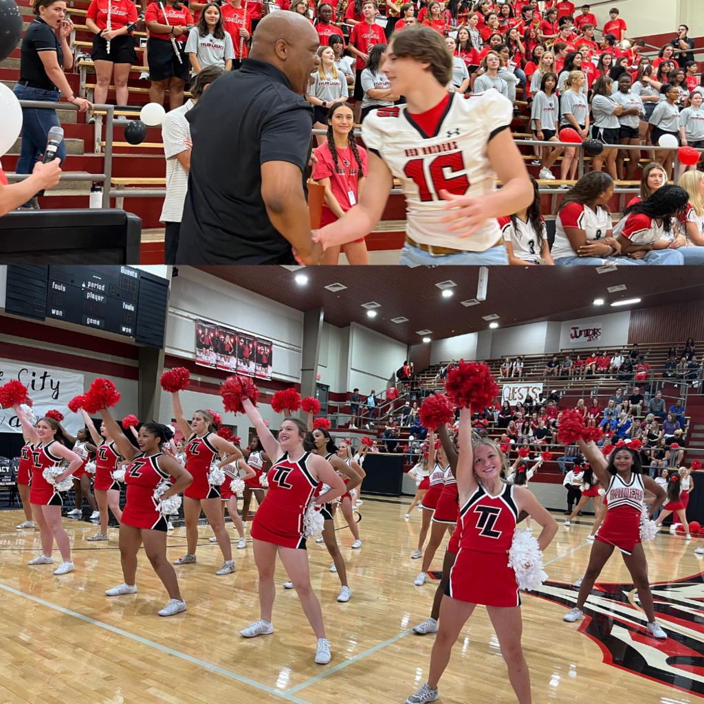 Football player and cheer at the pep rally