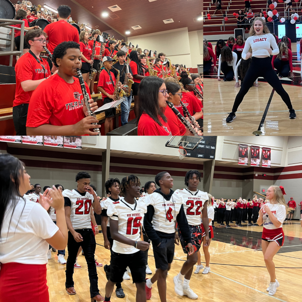 Tyler Legacy band, Southern Belle Drill Team Maddy Thompson, and football players at the pep rally
