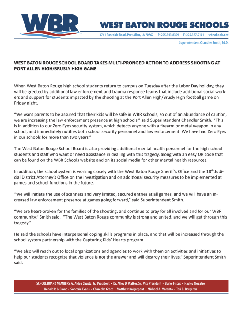 WEST BATON ROUGE SCHOOL BOARD TAKES MULTI-PRONGED ACTION TO ADDRESS SHOOTING AT PORT ALLEN HIGH/BRUSLY HIGH GAME