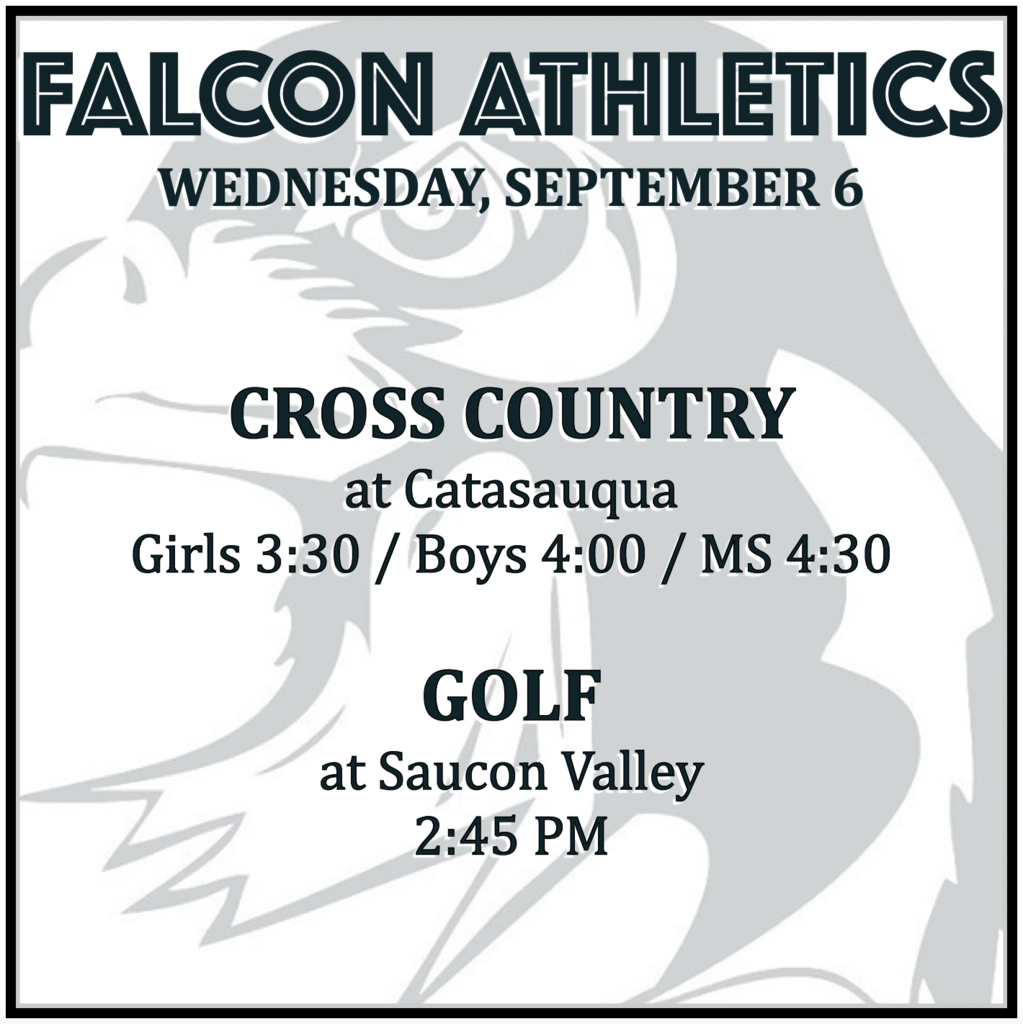 CROSS COUNTRY at Catasauqua: Girls 3:30, Boys 4:00, MS 4:30. GOLF at Saucon Valley: 2:45 PM.