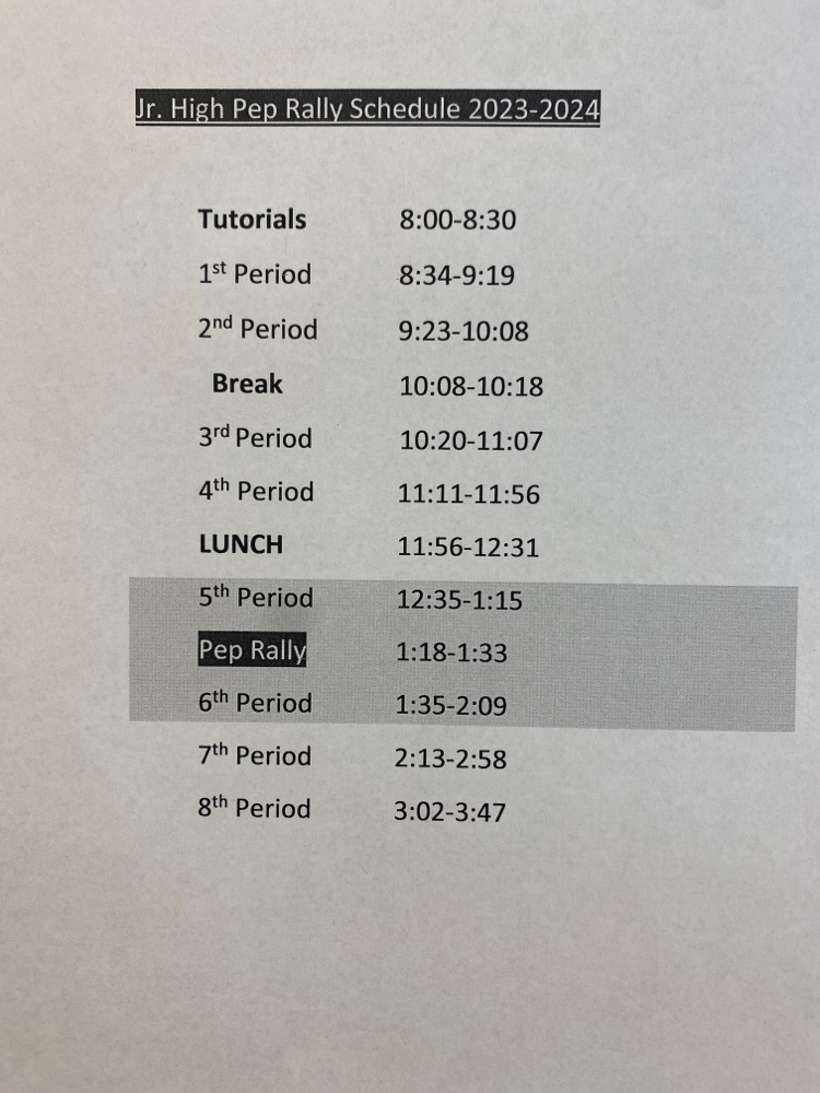 Jr High Pep Rally schedule