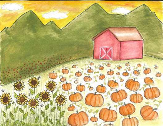 Emma's artwork featuring a field of pumpkins and sunflowers on the October page of the 2023-24 calendar.